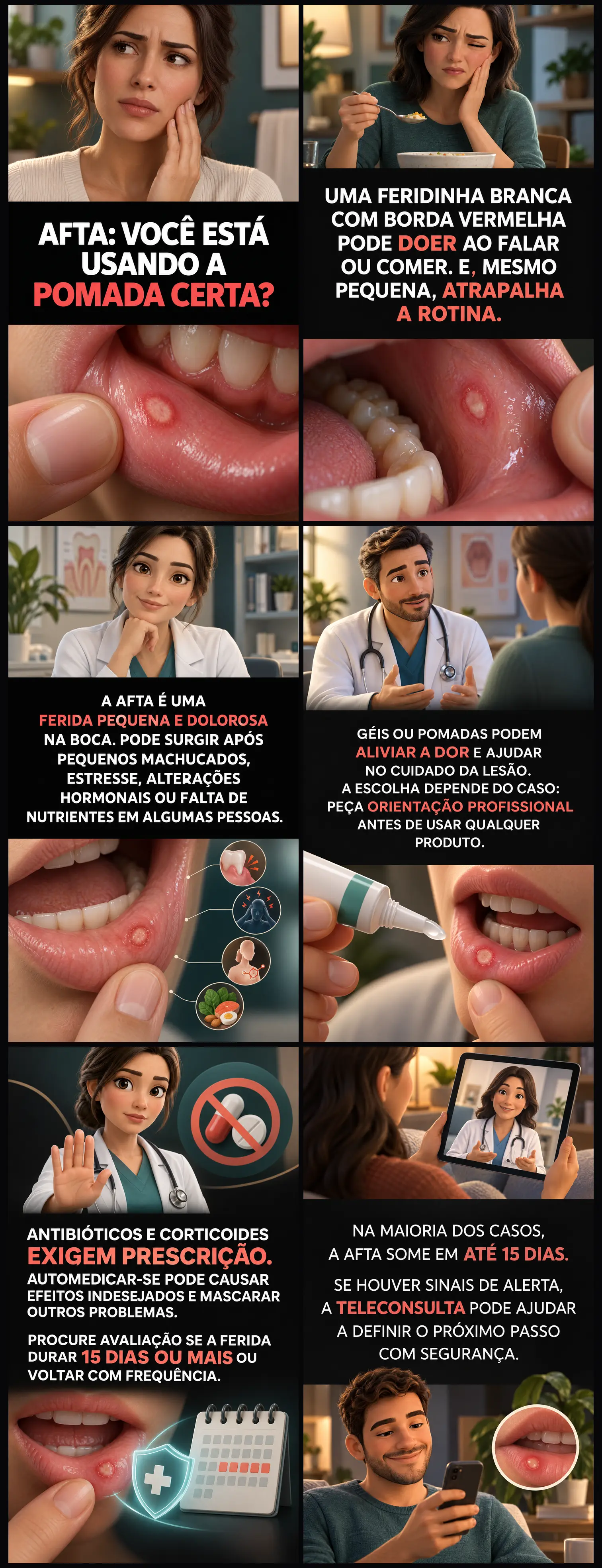 Infogr&aacute;fico sobre afta, diagn&oacute;stico e tratamento