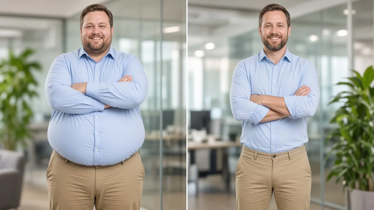 Comparativo antes e depois: mesmo paciente em acompanhamento m&eacute;dico online para emagrecimento